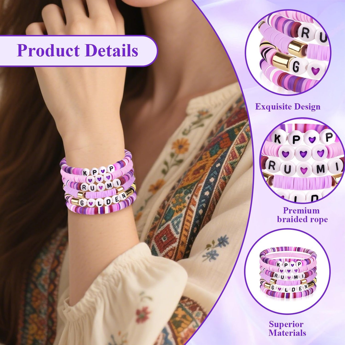 6 PCS Kpop Bracelet for Dressing up, Demon Hunter Bracelet with Beads with Letters, K Pop Kids Bracelets for Girls, Kids, Daughters, Teenagers, Fans, Enthusiasts, Friends.
