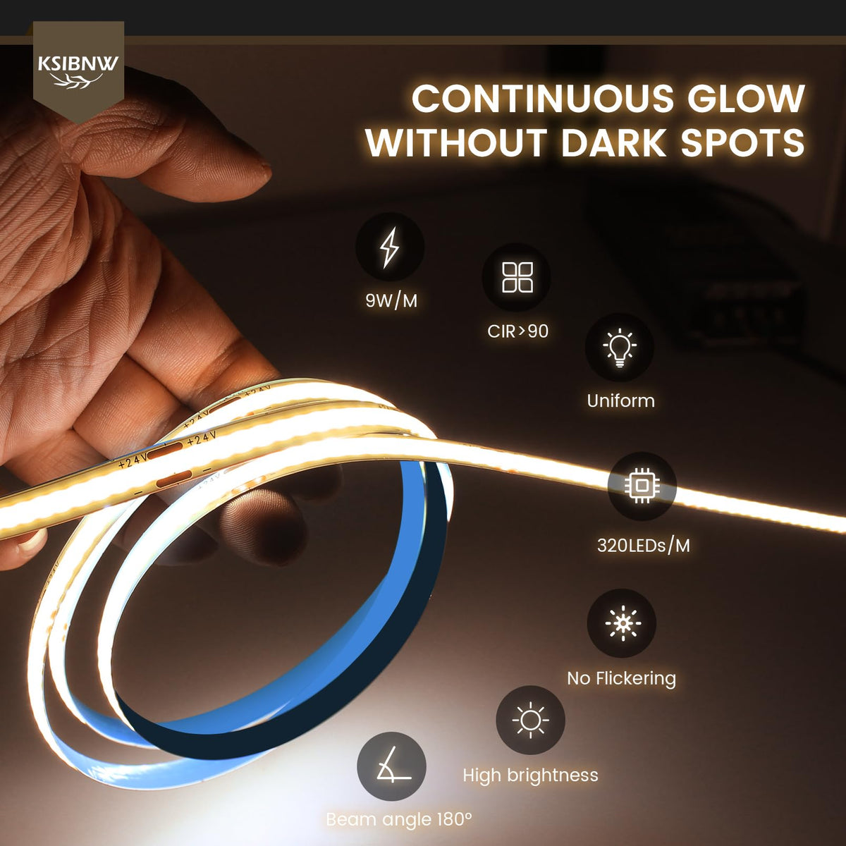 KSIBNW LED Strip Light COB 24V, 5M Cool White 6000K Led Strip Lights 5mm Width LED Tape Lights Flexible CRI90+ Uniform Dotless for Bedroom Cabinet Kitchen Decoration (No Power Supply)