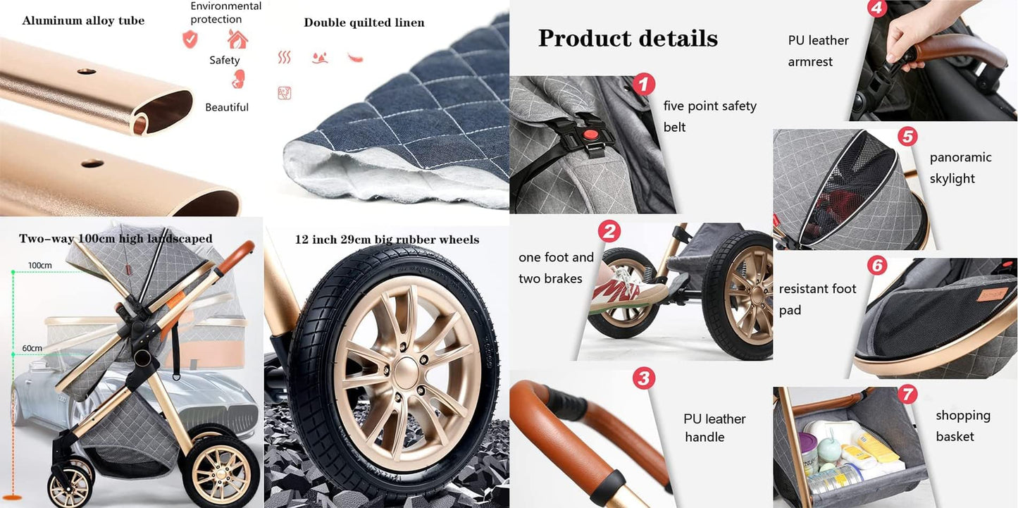 Baby Buggy Pram Pushchair Stroller 3 in 1 Child Lightweight Folding Stroller 3 in 1 Travel System Pram for Newborns & Toddlers from Birth Aluminum (Beige - Rose Gold Frame)