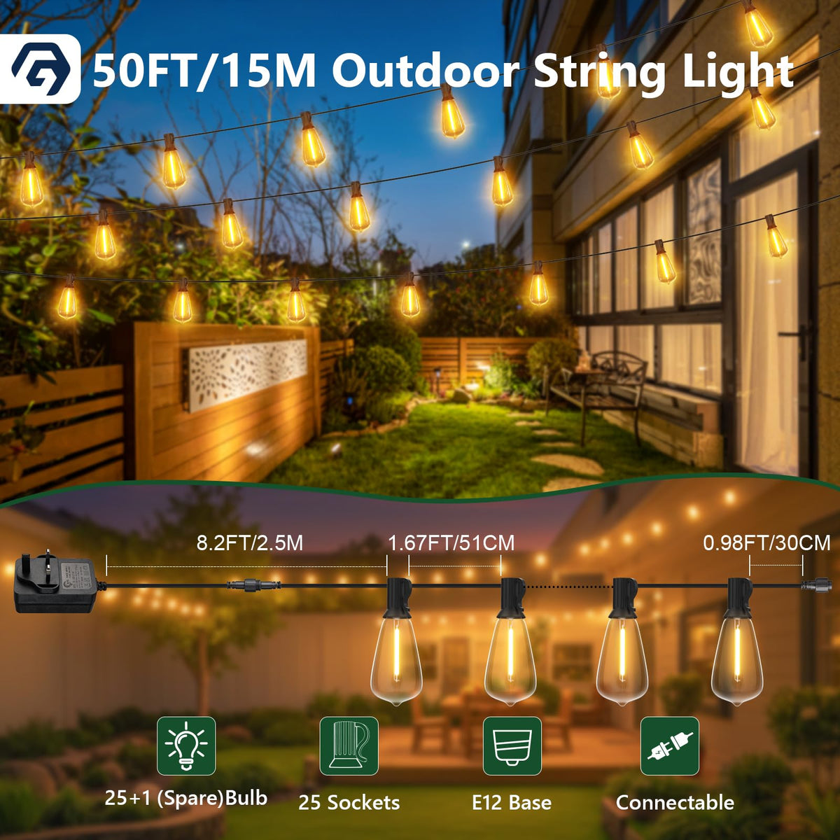 GPATIO Garden Lights, 30FT/9M LED Festoon Lights with 16 Shatterproof Bulbs