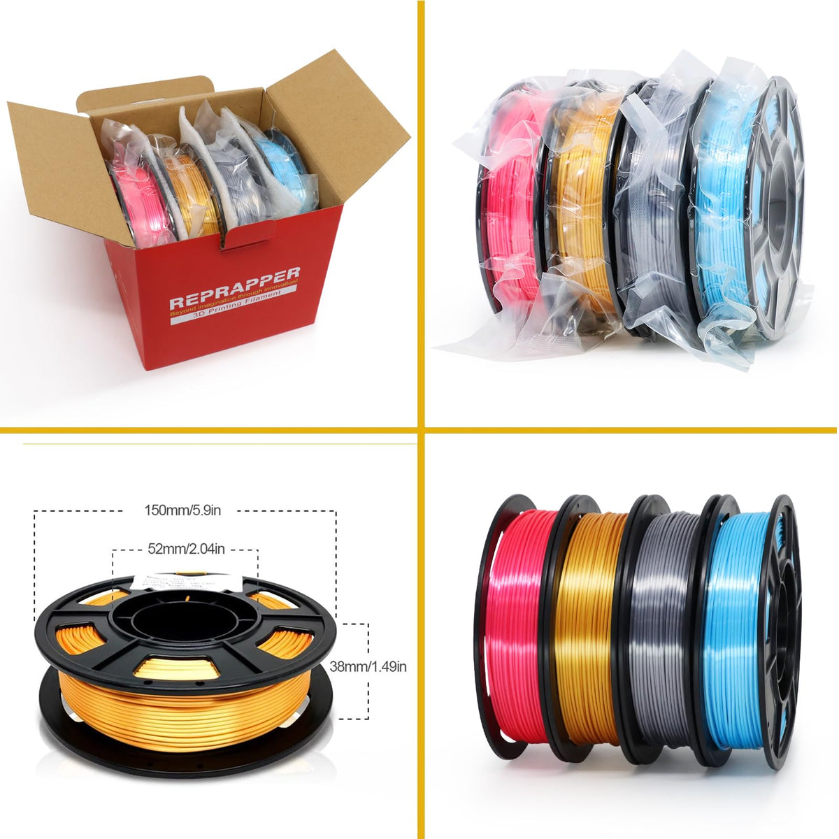 Reprapper 4X 250g Color Pack – Dual Color PLA Filament 1.75mm for 3D Printer & 3D Pen, Multicolour Filament, 4 x 250g Matte Red/Blue, Matte Purple/Green, Silk Red/Blue, and Silk Purple/Green