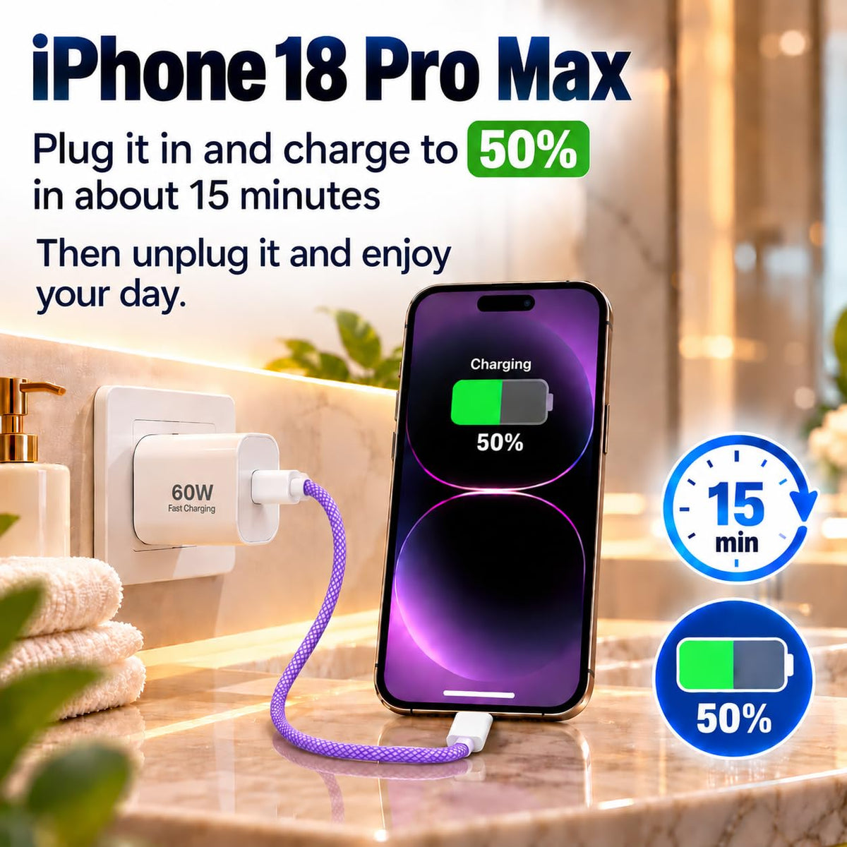 2 Pack 60W USB-C to C Fast Charging Charger Cable For iPhone 18 Pro Max 17e
