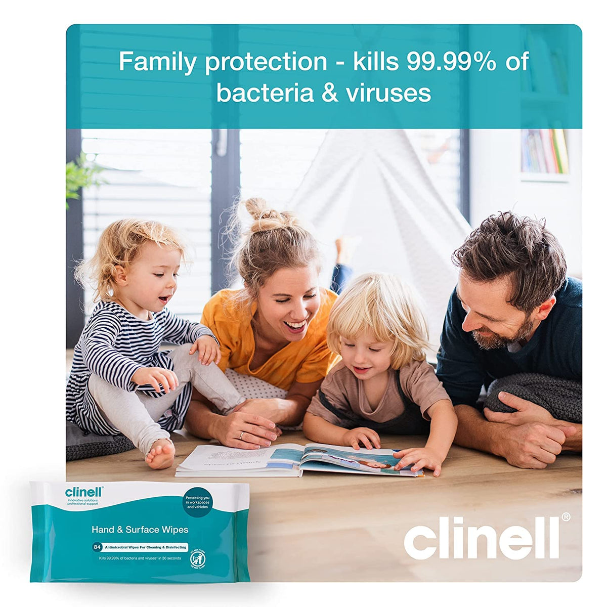Clinell Antimicrobial Hand Wipes for Cleaning & Disinfecting - Sanitising Wipes, Ideal for Travel - Dermatologically Tested, Kills 99.99% of Bacteria & Viruses - 84 Wipes