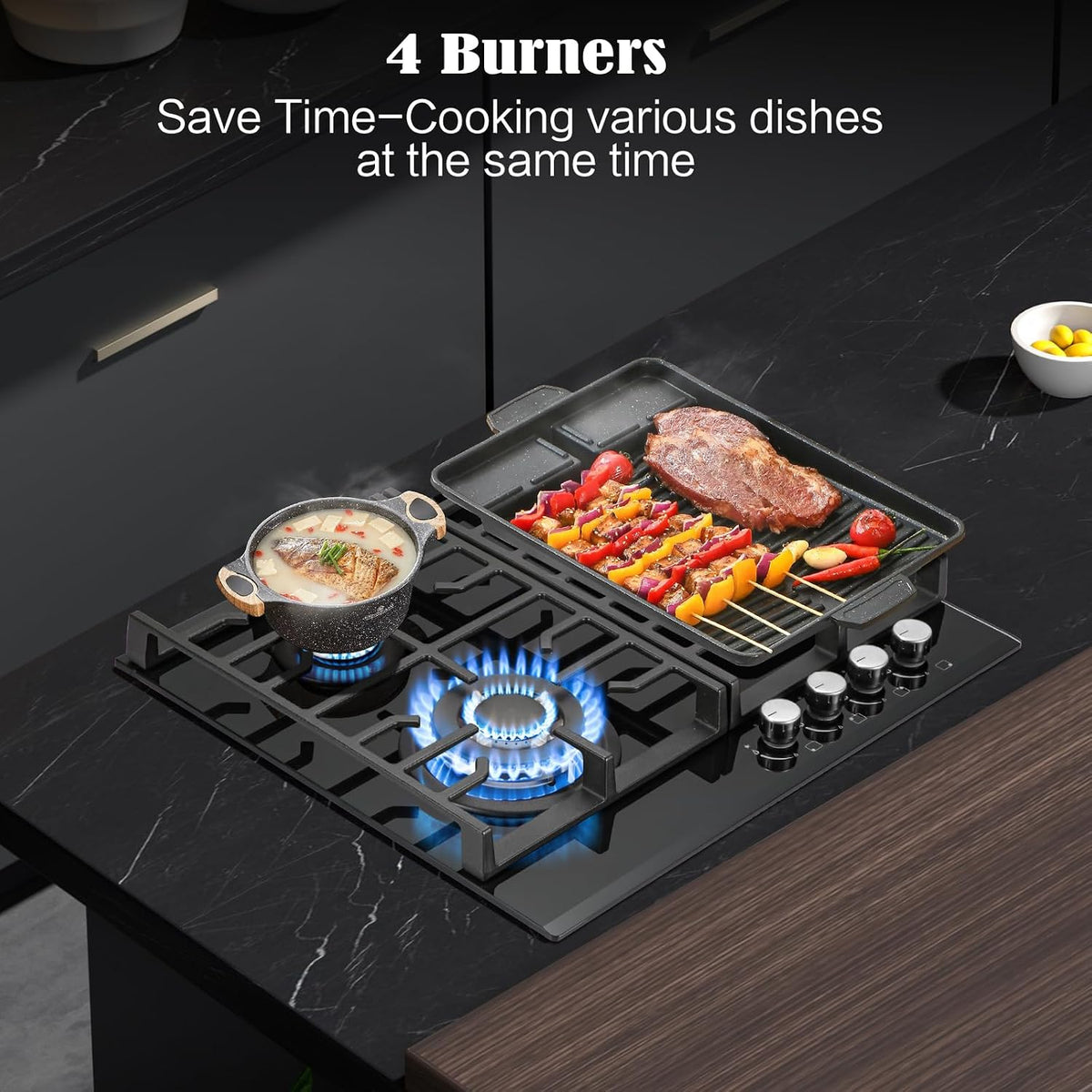 TopStrong Gas Hob 4 Burners, 60cm Black Glass Built-in Cooktop with 8060W Wok Burner & Thermocouple Protection, Natural Gas & LPG Compatible