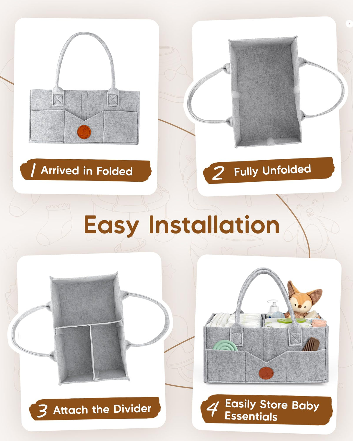 Maliton Nappy Caddy Organiser with 8 Pockets & Removable Dividers (Khaki)