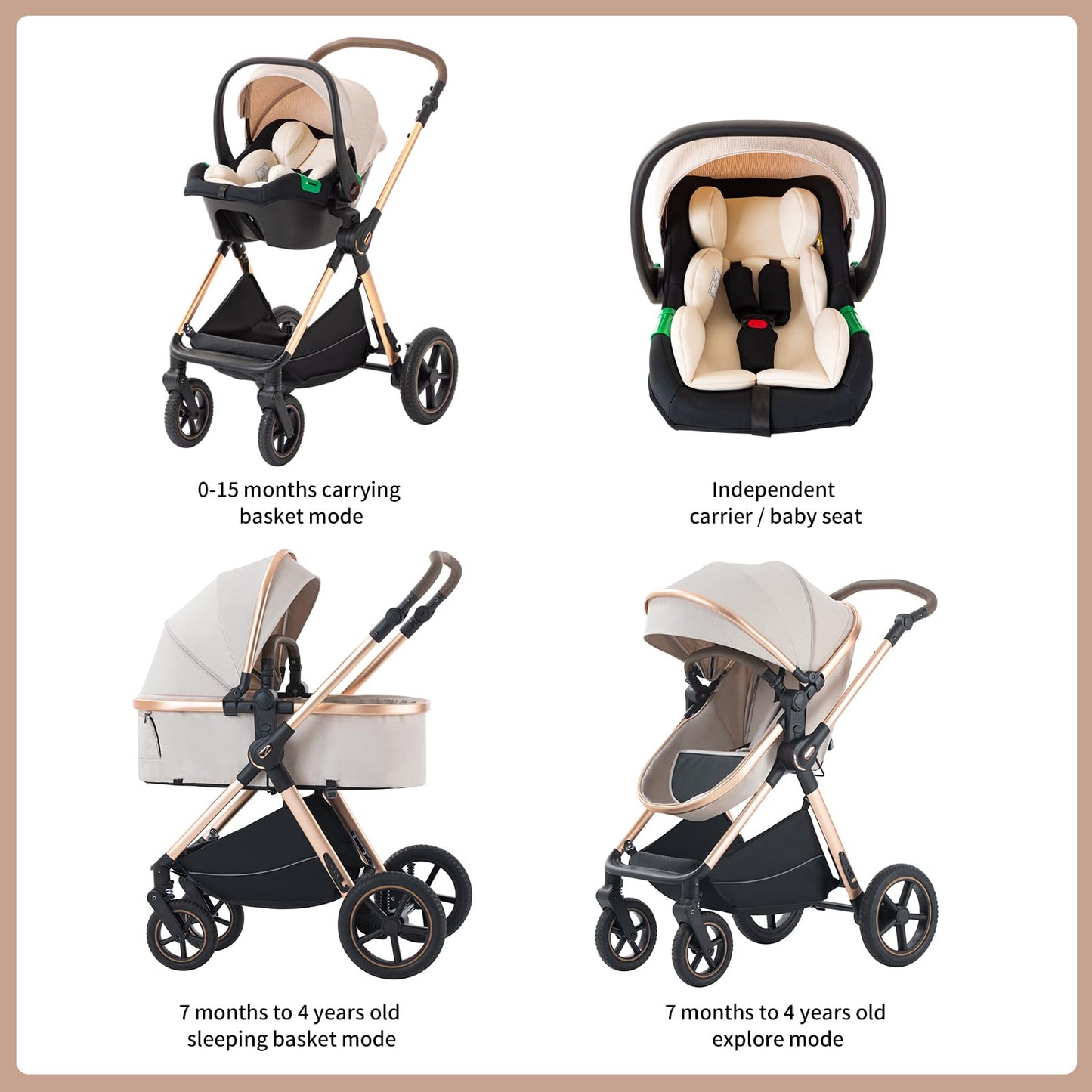 3 in 1 Baby Stroller with Height Adjustable Handle,3 in 1 Prams Travel System, Lightweight Foldable Pushchair, Prams with Aluminum Frame for Portable Baby Carriage (D2 Pink, H2-D)
