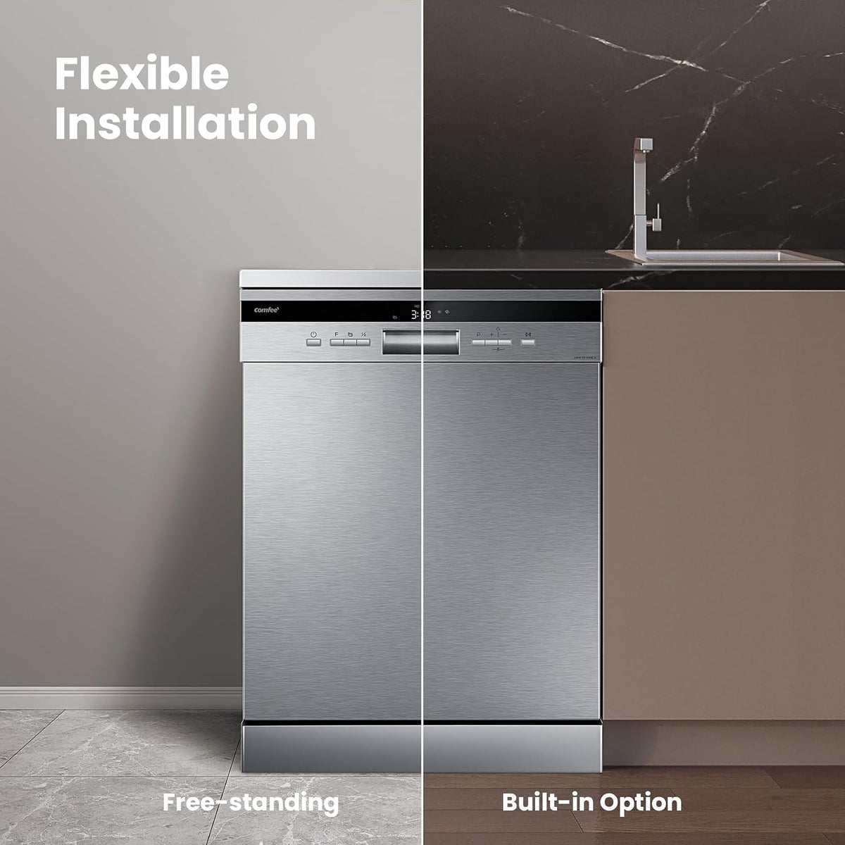 COMFEE' 60cm Freestanding Dishwasher, 14 Place Settings, Stainless Steel