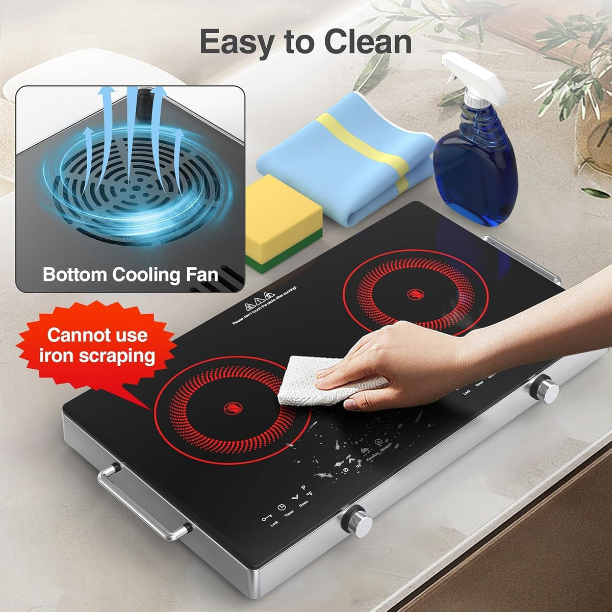 VBGK 2 Ring Electric Hob with Knob, 220V 3000W Double Ceramic Hob, 9 Power Levels, Kids Lock & Timer, Hot Surface Indicator, Overheat Protection, Knob and Touch Control Double Electric Hob
