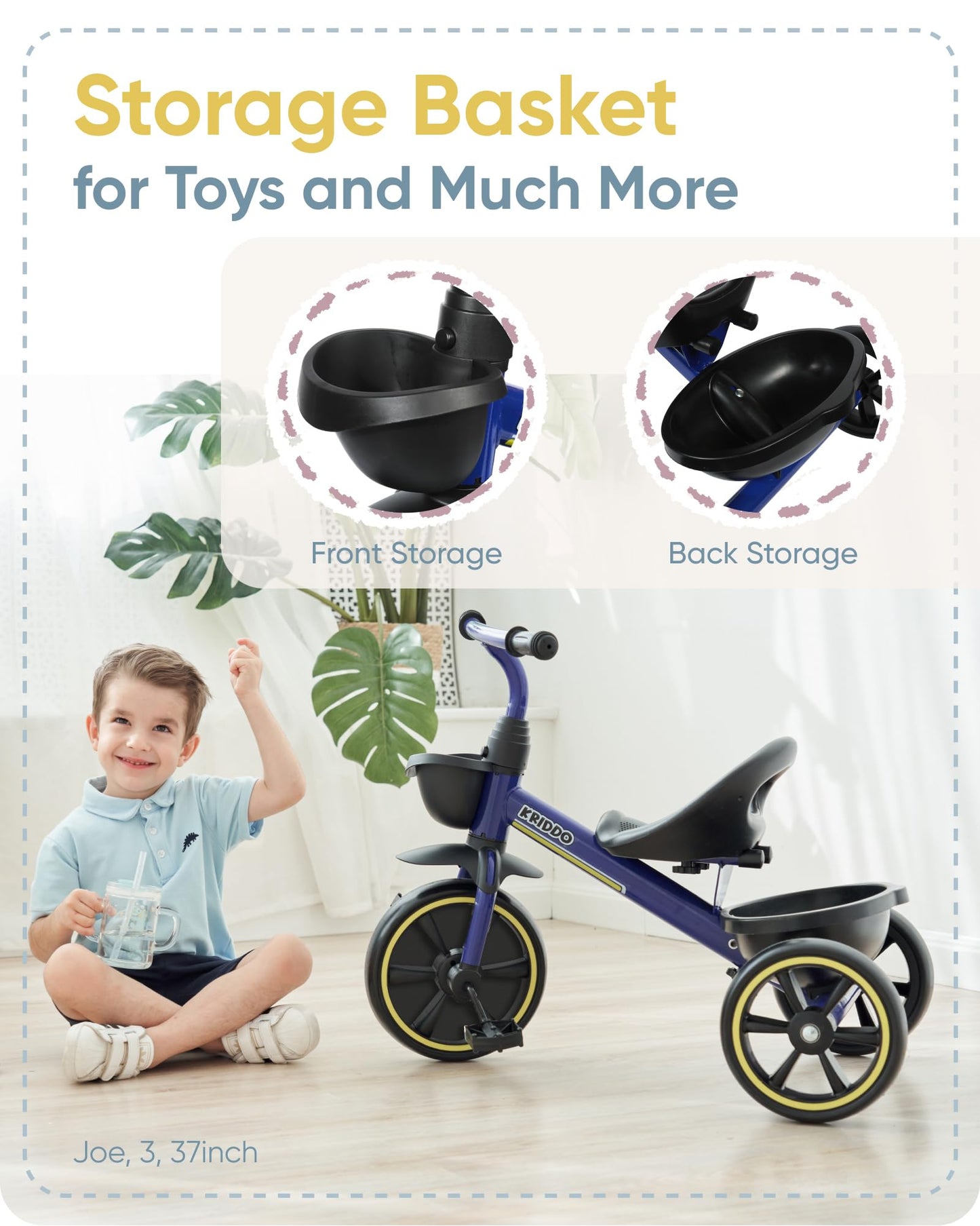 KRIDDO Toddler Tricycle — Anti-Tip Design, BPA-Free | Ages 18 Months to 4 Years | Pink