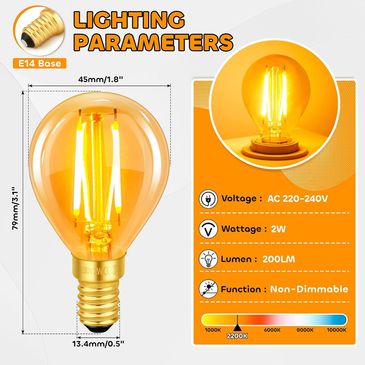 Vintage Light Bulb E14 Edison Screw Bulb, 4W LED Filament Equivalent 40 Watt, Antique Style Retro Amber Glass 2200K Warm White, 400LM, AC 220V, Non-dimmable, Mini G45 Golf Ball Bulbs, 6 Packs