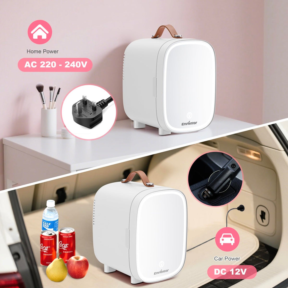 Enventor Mini Fridge 4L/ 6 Can, 3-Level Dimmable LED Mirror, AC+12V DC