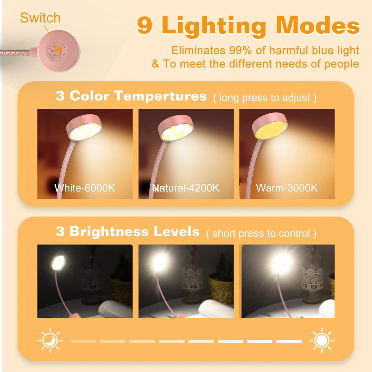 KTEBO Book Reading Light 2 Packs Rechargeable, Eye Care 10 LED Lamp for Reading in Bed - Adjustable Brightness, 3 Color Temperatures, 30+ Hours Runtime, Gifts for Book Lovers
