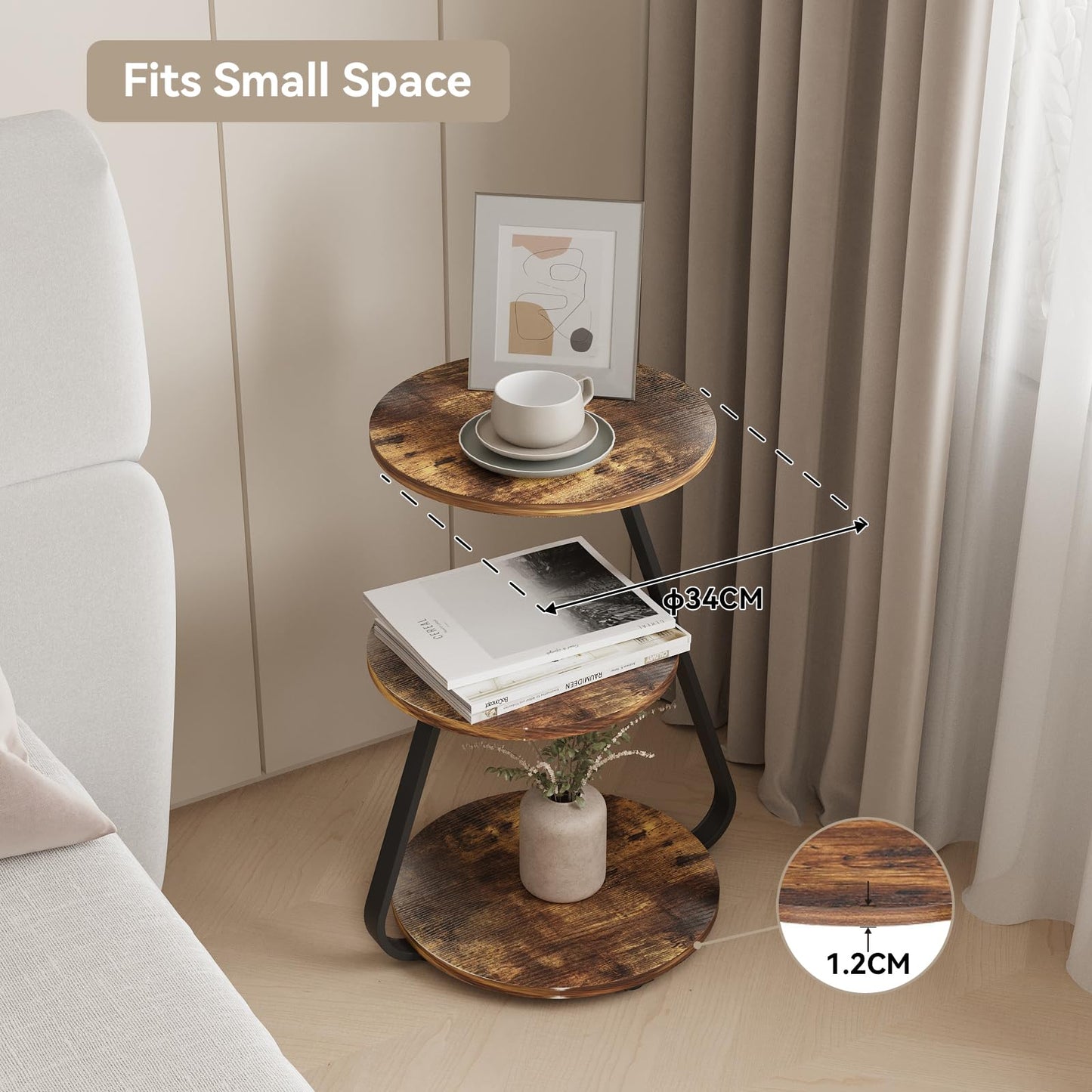ARTETHYS Side Table, Small Round Coffee Table with 3 Color LED Lights, End Table with 3 Tier Storage Shelves, Bedside Sofa Side Tables for Living Room Bedroom, Rustic Brown