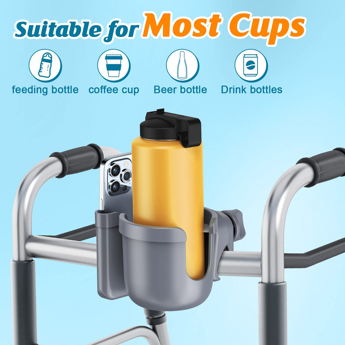 2-Pack Pram Cup Holder with Phone Holder, Universal Pram Buggy Accessories