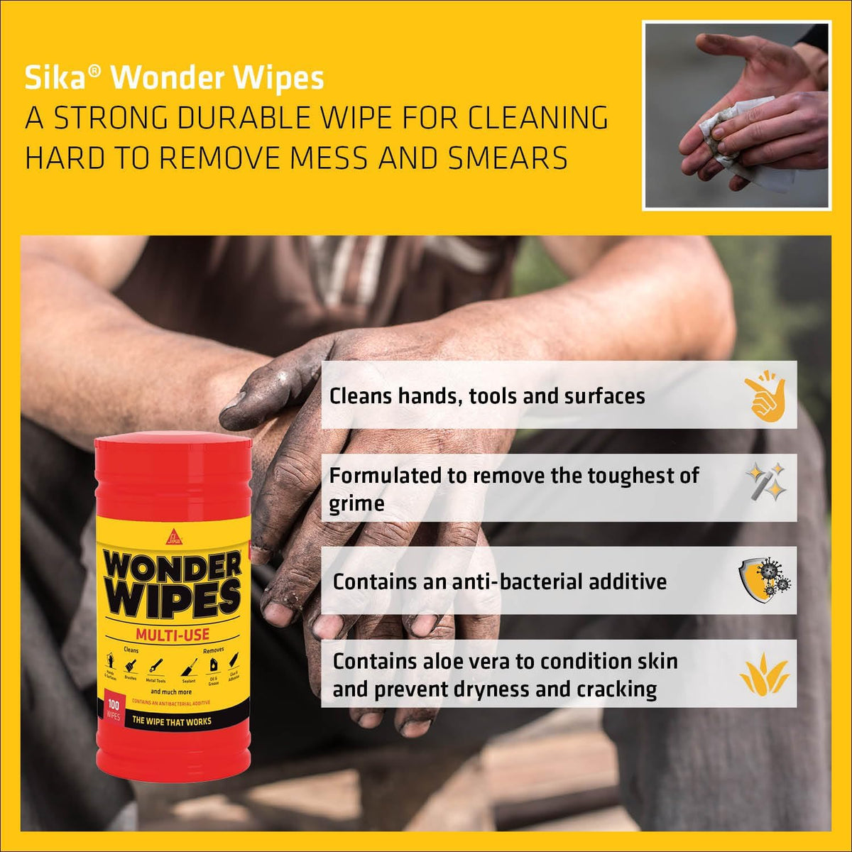 Sika Wonder Wipes Multi-Use Cleaning Wipes For The Building Trade, 100 Pack