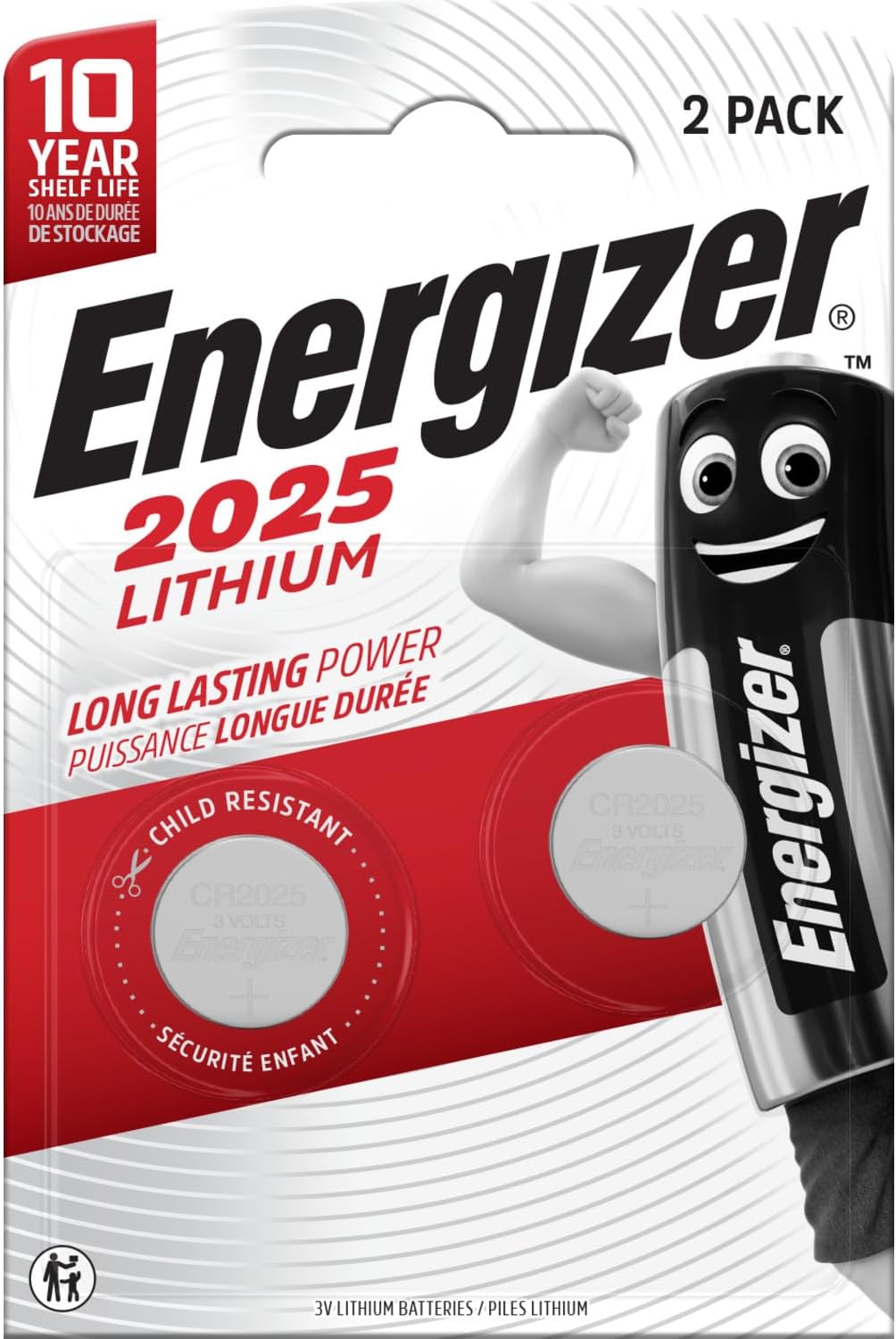 Energizer CR2025 Batteries (2 Pack) - Lithium 3V Coin Battery - Car Key Fobs, Watches, Home/Medical/Fitness Devices - 10 Year Shelf Life - Child Resistant Packaging