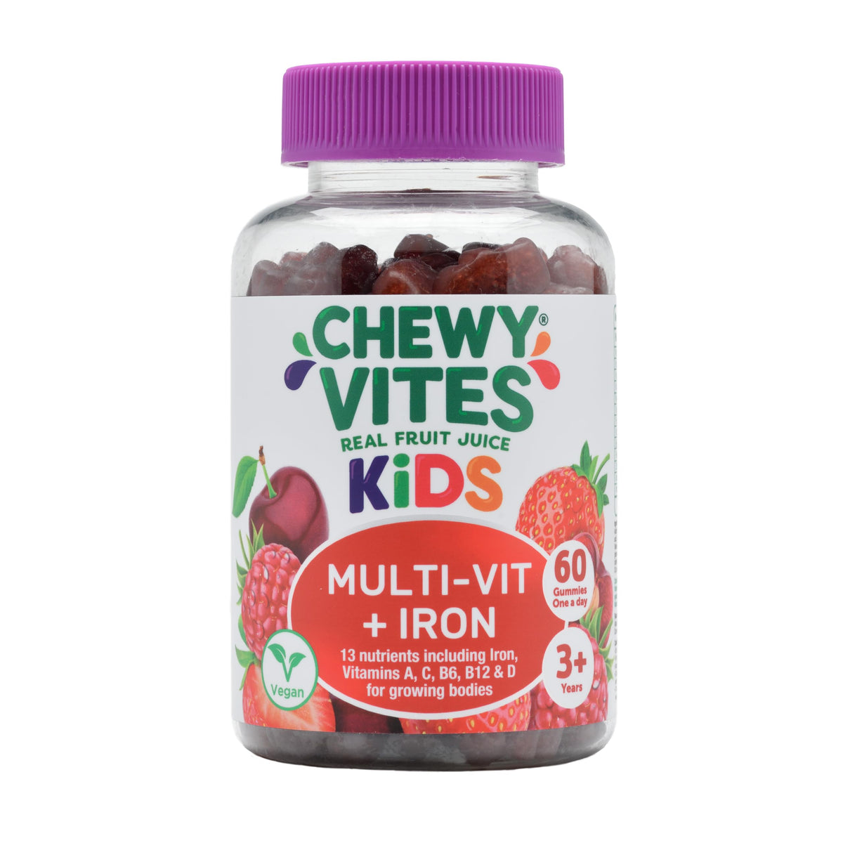 Chewy Vites Kids Multivitamin Advance, 60 Kids Vitamins Gummies, 11 Essential Nutrients, 2 Months Supply, Real Fruit Juice, Vegan, Age 3 +, Blueberry and Raspberry Flavour