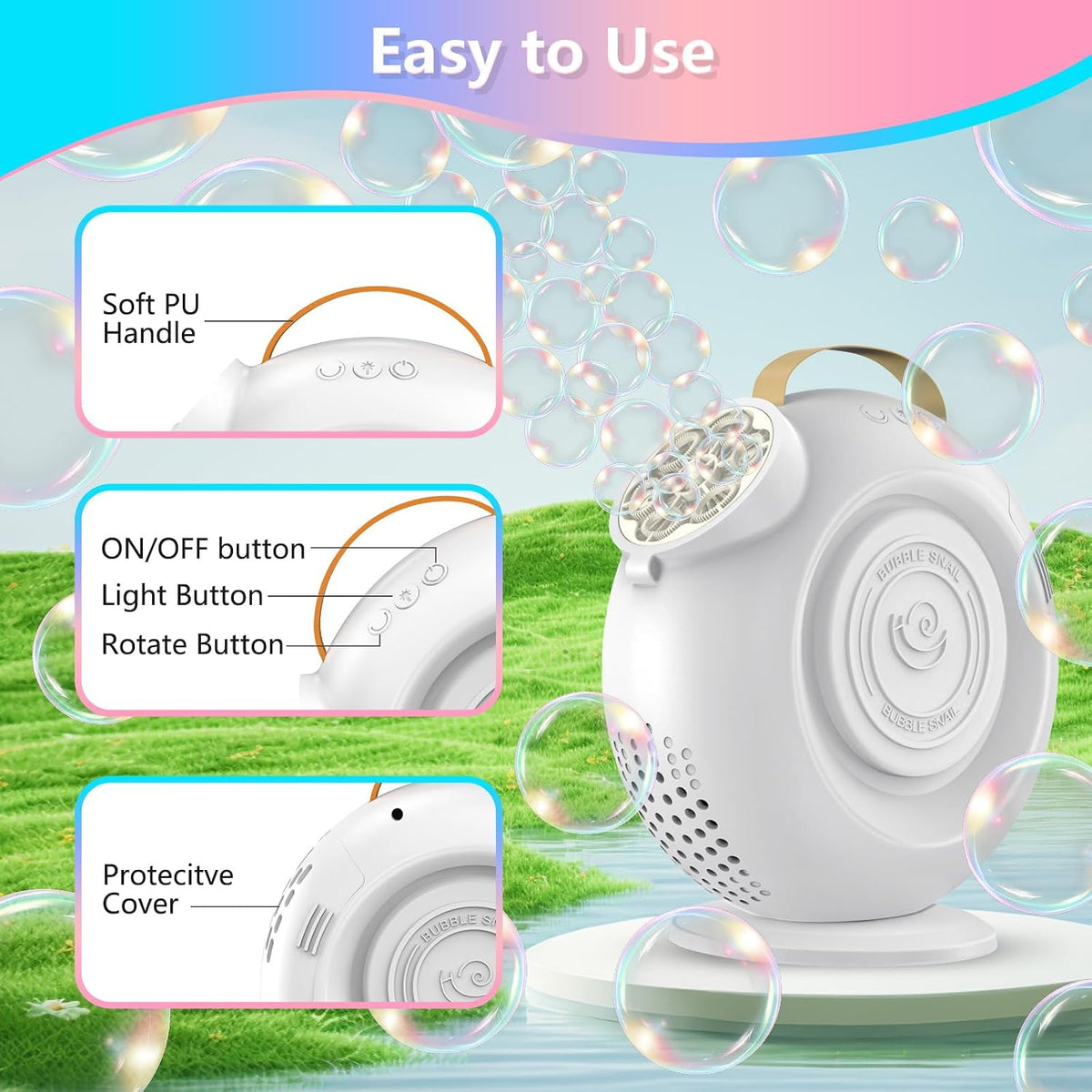 G-STORY Rechargeable Automatic Bubble Machine for Kids - 15000+ Bubbles Per Min, 90°/360° Auto Rotating & LED Light 500ML Capacity Bubble Blower with 2 Speed Modes for Outdoor Party Wedding Birthday