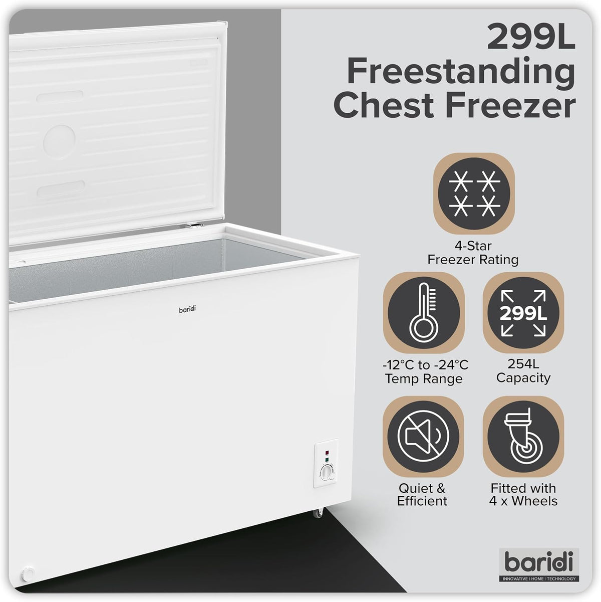 Baridi 299L Freestanding Chest Freezer with Adjustable Thermostat, Black - DH261