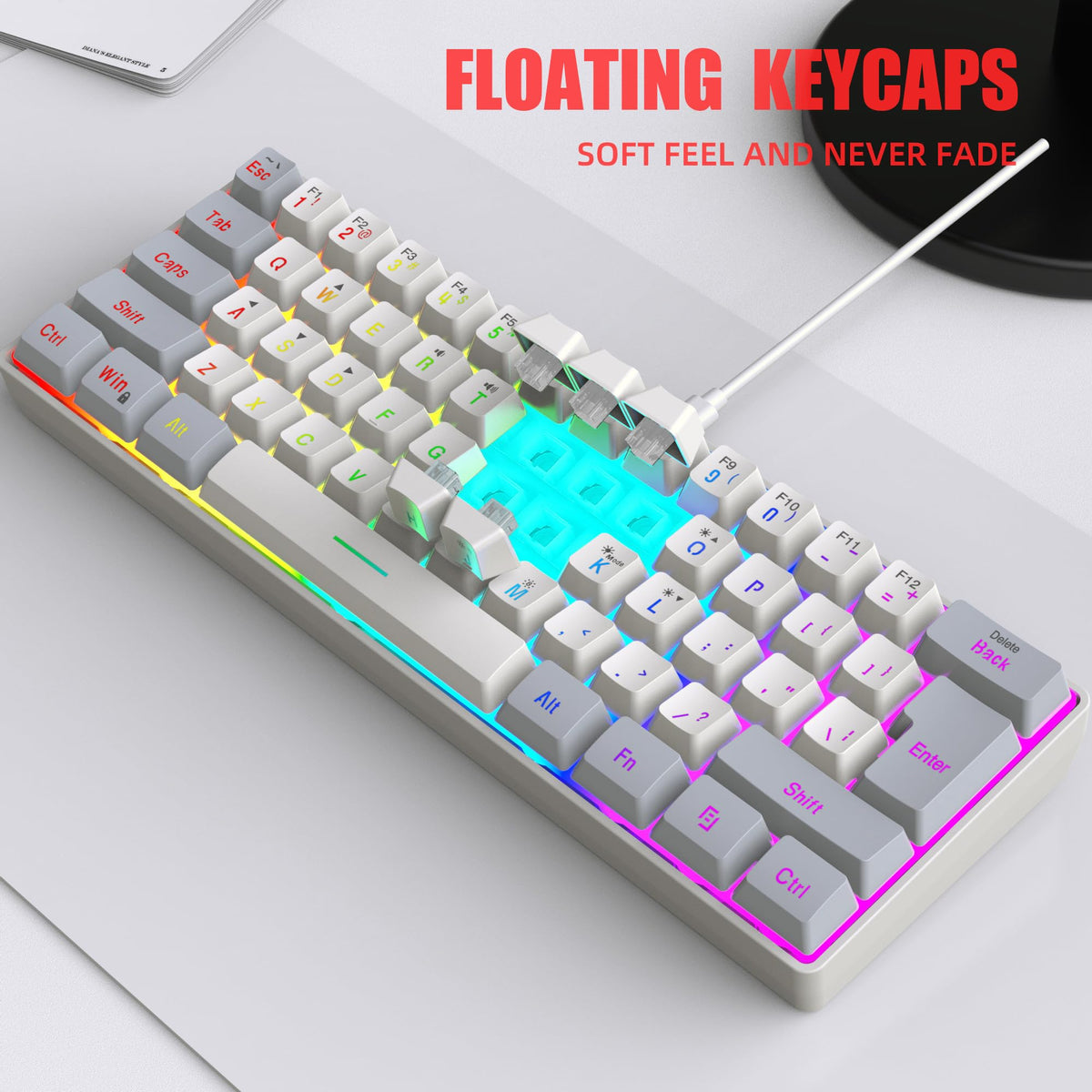 Snpurdiri Wired Mechanical Gaming Keyboard, 60% Size, LED Backlight, 61 Keys, Small Wired Office Keyboard for Windows Laptop/PC, Mac (Black-Red, Blue Switches)