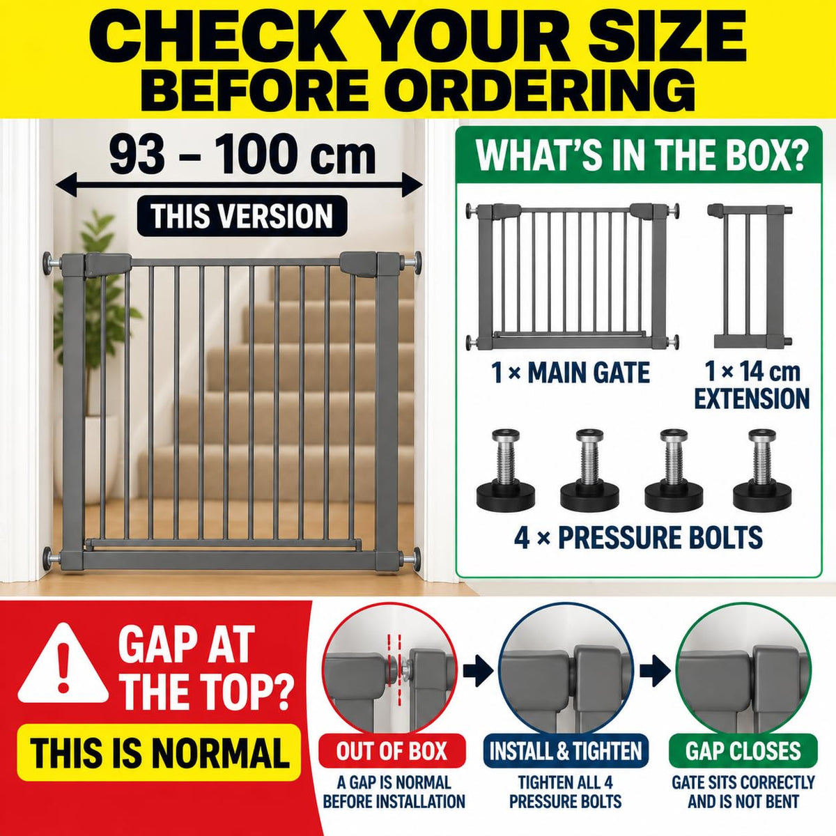 For Your Little One Pressure Fit Safety Stair Gate – 100–107 cm – 2 x 7 cm Extensions Included – No Screws Needed | One-Hand Opening | Baby & Pet Gate for Stairs & Doorways, Grey