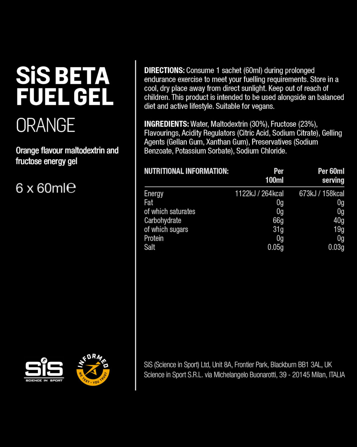 Science in Sport BETA Fuel Gels, Strawberry & Lime, 6 x 60ml