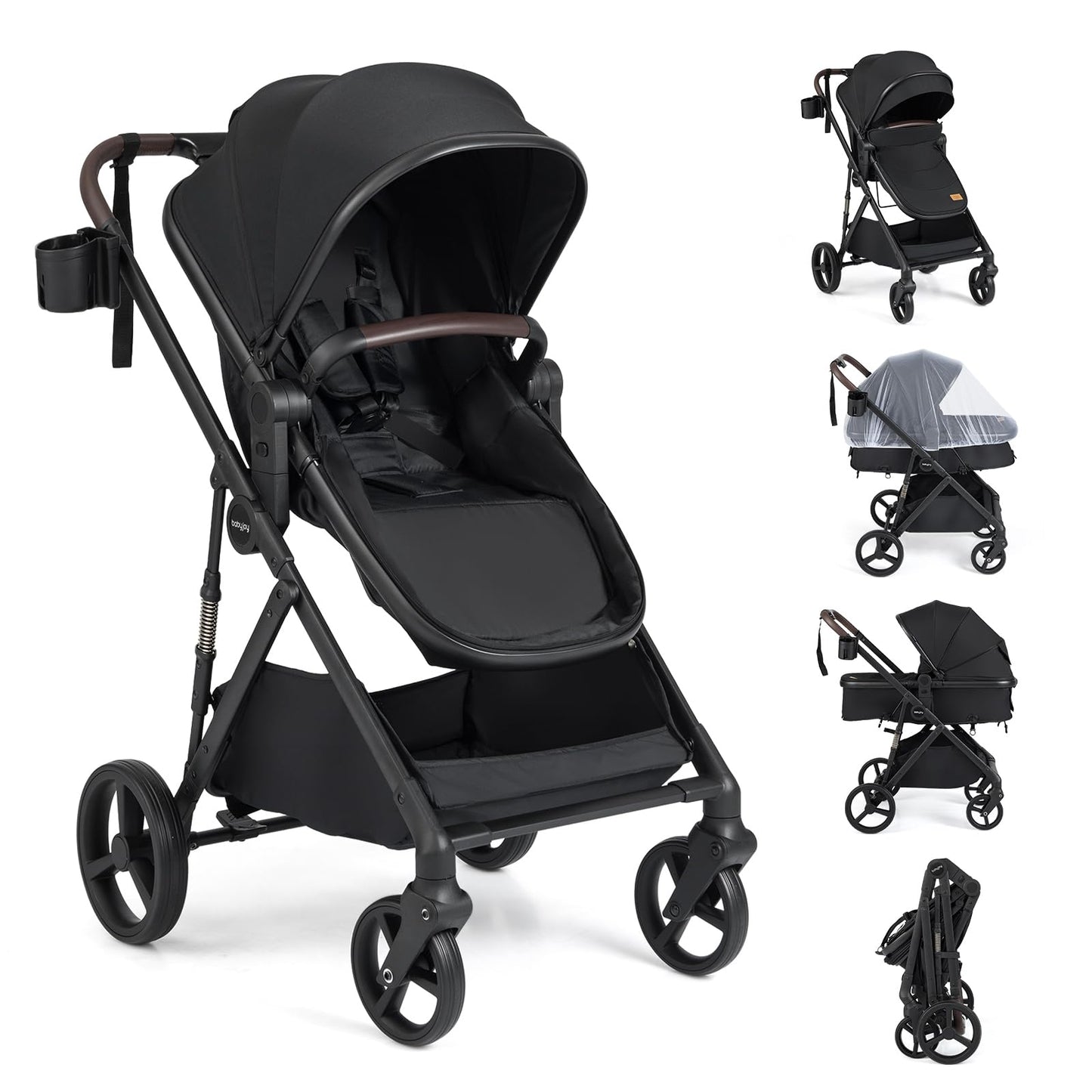COSTWAY 3 in 1 Baby Stroller, Foldable Travel System Pram with Reversible Seat, Adjustable Canopy & Backrest, Mesh Net, Storage Basket, Lightweight Infant Newborn Pushchair for 0-36 Months (Grey)
