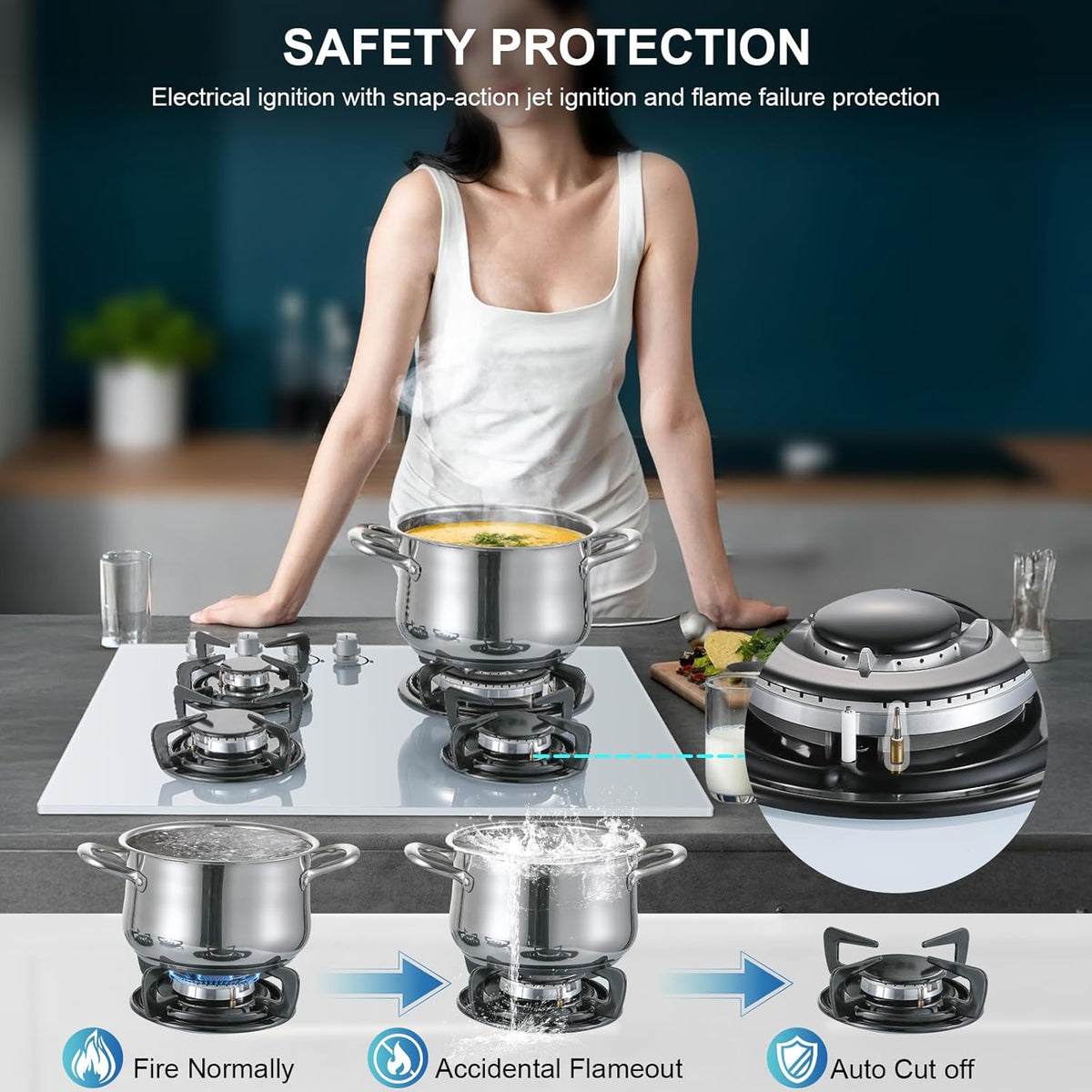 TopStrong Gas Hob 4 Burners, 60cm Black Glass Built-in Cooktop with 8060W Wok Burner & Thermocouple Protection, Natural Gas & LPG Compatible