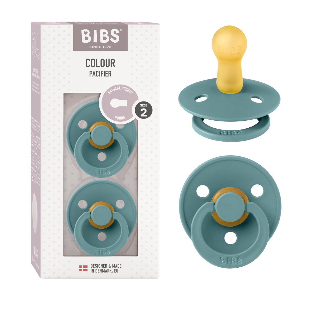 BIBS Colour Soother 2-Pack, BPA Free Dummy Pacifier, Round Nipple. Natural Rubber Latex, Made in Denmark, Size 2 (6-18 Months), Baby Blue