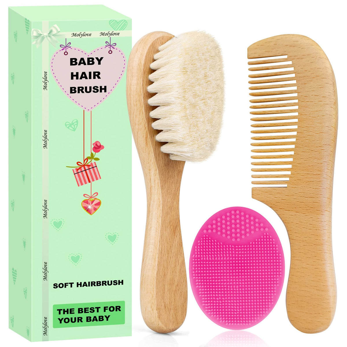 3PCS Baby Hair Brush with Wooden Handle and Comb Set for Newborns & Toddlers | Natural Soft Goat Bristles l Wood Comb l Green Cradle Cap Brush | Ideal for Cradle Cap