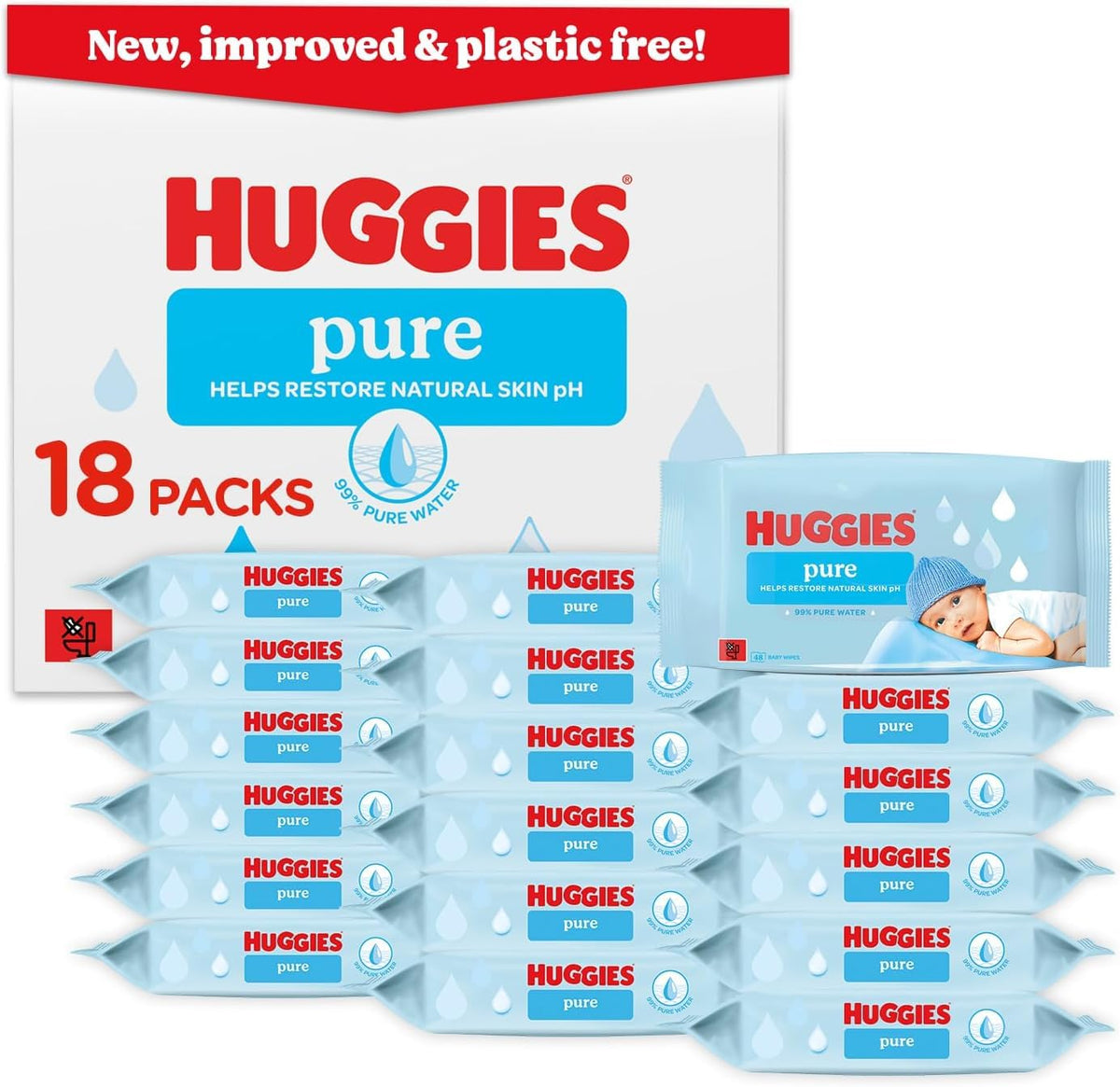 Huggies Pure Plastic Free Baby Wipes - Pack of 12 (576 Wipes) – 99% Water Wet Wipes, Fragrance Free, Hypoallergenic, Better Cleaning, Soft and Gentle on Babies' Delicate Skin