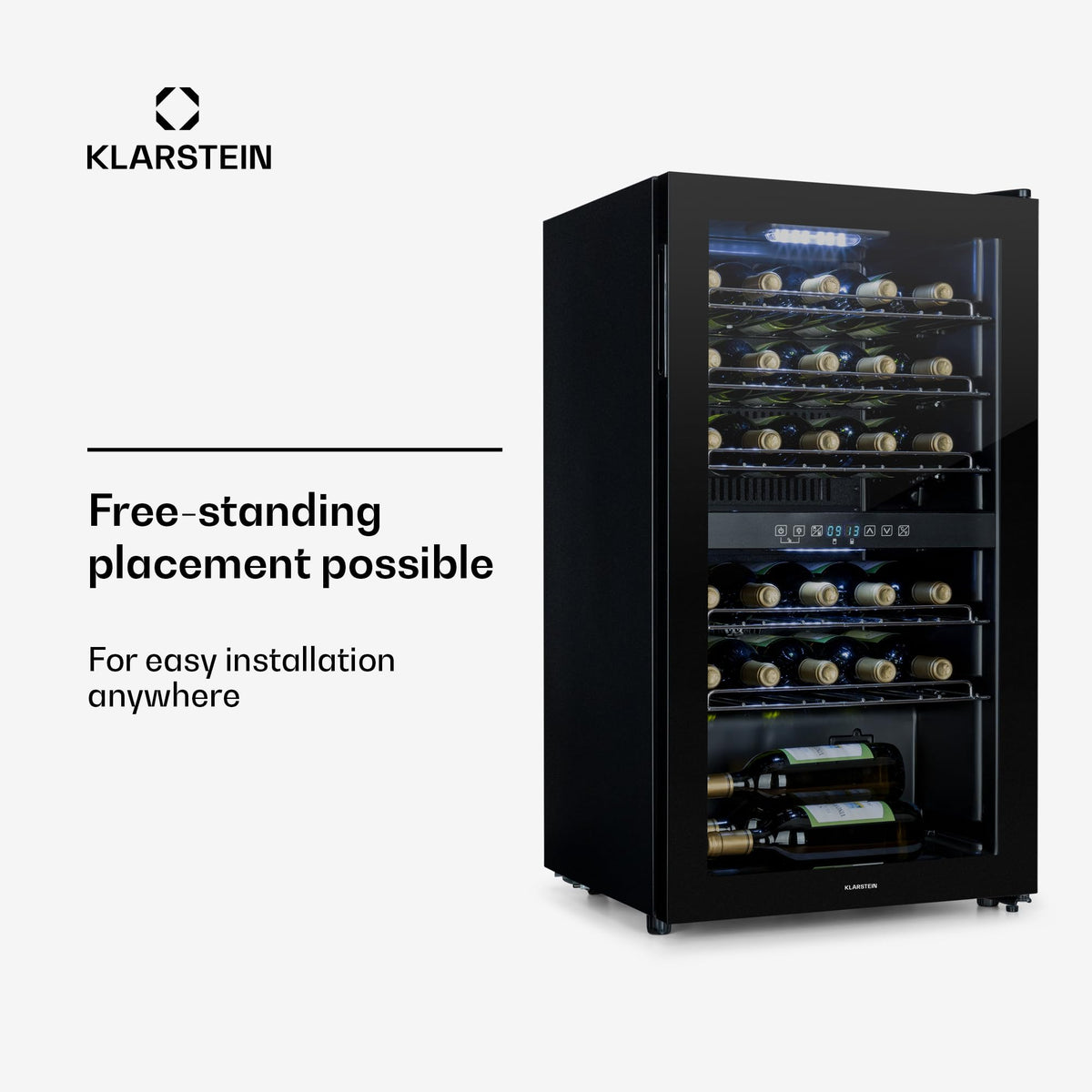 KLARSTEIN Shiraz Wine Cooler Black – 8 Bottles, 1 Zone | Freestanding Wine Fridge with Glass Door, Quiet, 5–18 °C, LED, Stainless Steel Frame