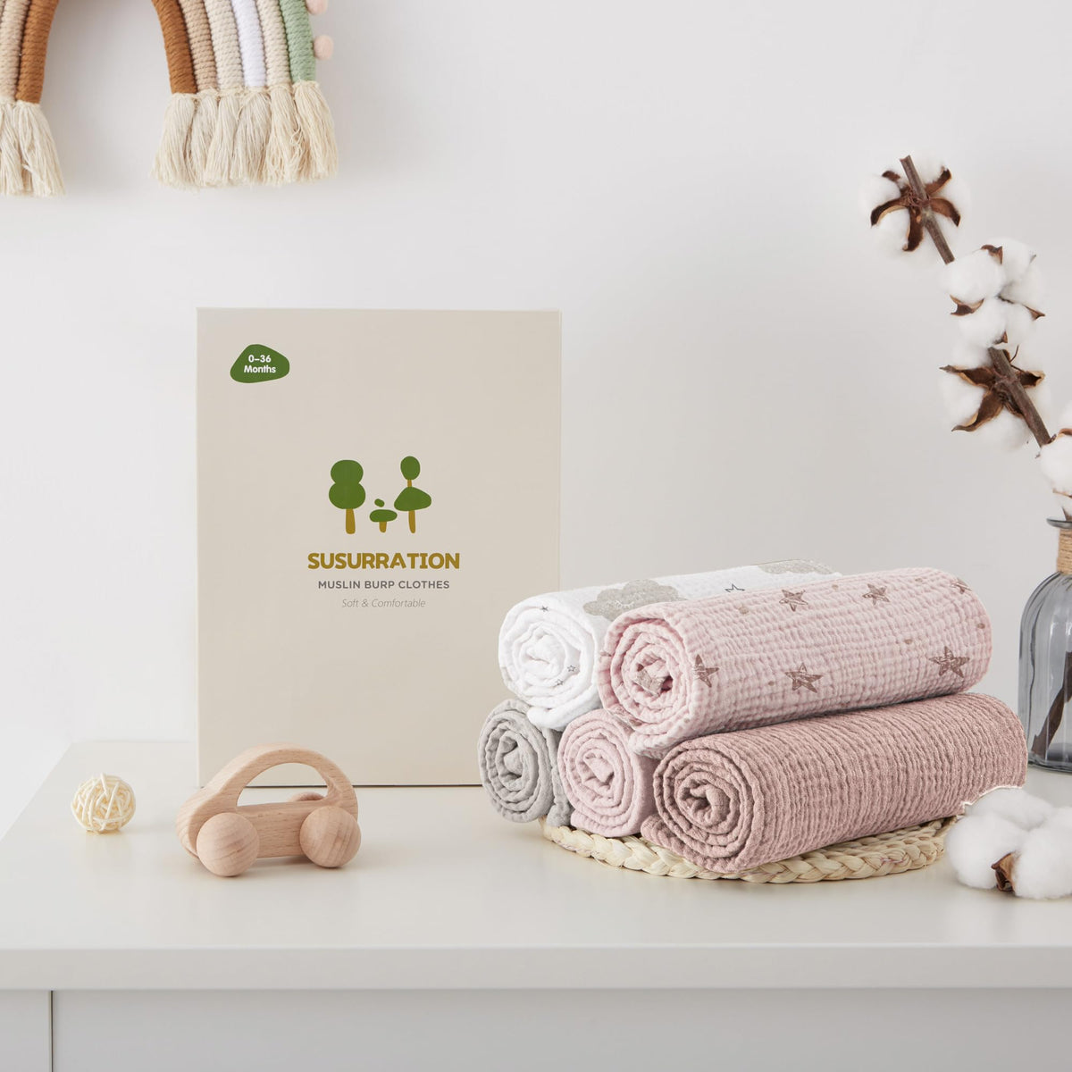 Susurration Muslin Cloths for Baby, 100% Cotton Baby Muslin Squares Cloths for Newborn Boy and Girl, Soft, Breathable and Extremely Absorbent Baby Muslin Burp Cloths, 60 x 60 cm, 5 Pack