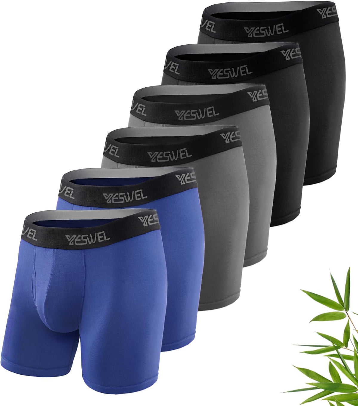 YESWEL Mens Bamboo Boxers, Longer Leg Boxer Shorts with Fly, Anti Chafing Underwear Trunks, No Itchy Labels Underpants (S-4XL)