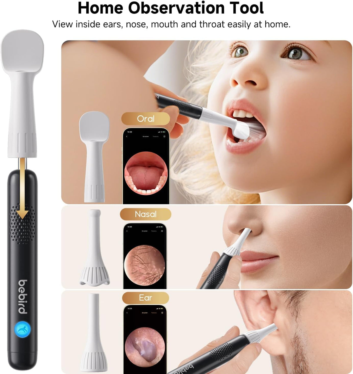BEBIRD R1 Ultra Ear Wax Removal Camera, Ear Cleaner with Tweezers & Dropper, Visual Wax Remover Ear Pick for Family-Black