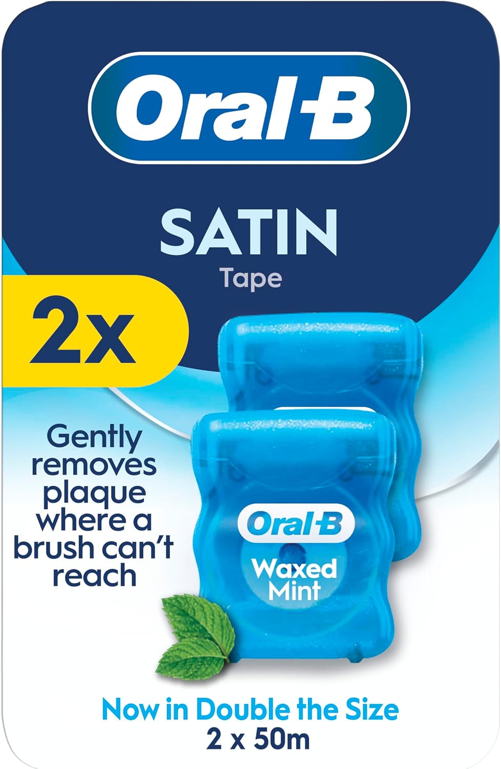 Oral-B Satin Tape Floss, Removes Plaque, Waxed Dental Floss for Tight Spaces, for a Fresh, Clean Feeling, Mint Flavour 50m Roll,2 Count