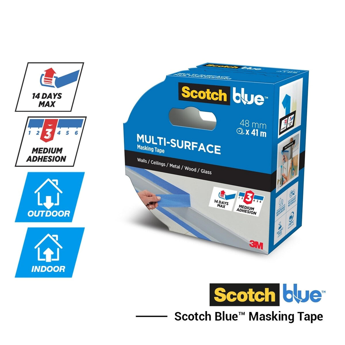 ScotchBlue Multi-Surface Premium Masking Tape, 24mm x 41m, 1 Roll/Pack - Scotch Adhesive Blue Painters Tape, For Painting and Decorating, Indoor & Outdoor, Sticks Well, 100% PEFC