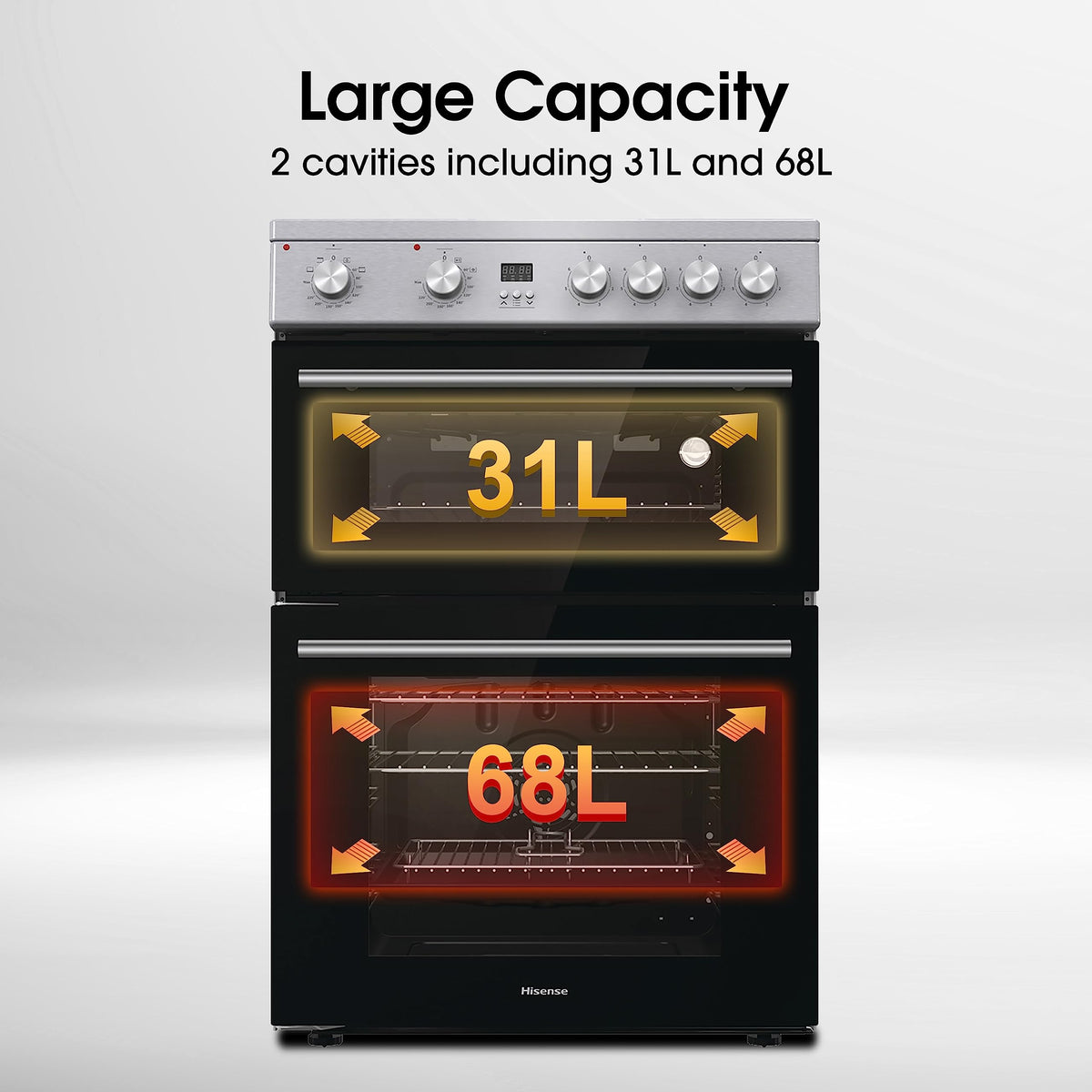 Hisense HDUKC60W 60cm Electric Cooker with Ceramic Hob-White, A Rated Double Oven 50L/80L [Energy Class A]