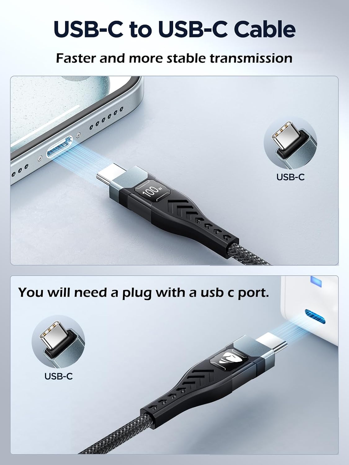 USB-C to C 1M 100W PD3.0 Fast Charging Cable - Compatible with MacBook Pro, iPad Air, iPhone 15, Samsung S23/S22/S21 Ultra, Pixel 7/6, Switch, PS5