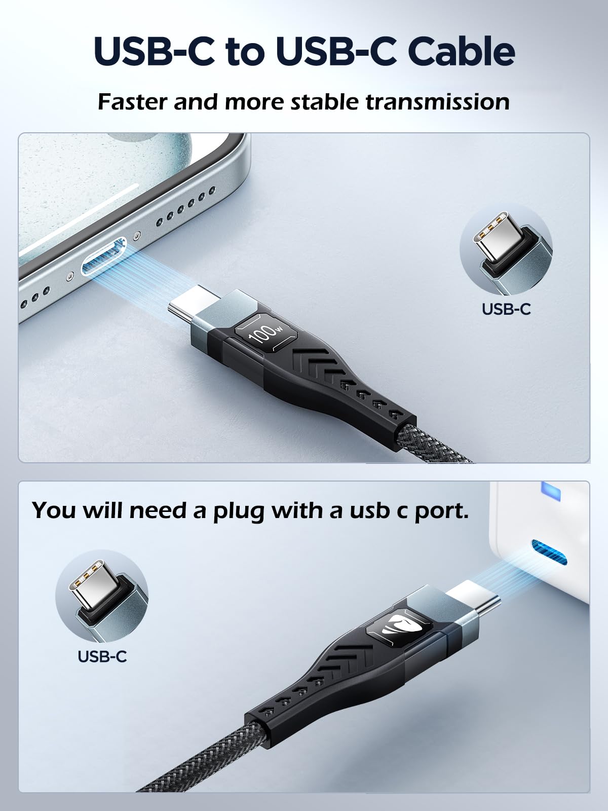 USB-C to C 1M 100W PD3.0 Fast Charging Cable - Compatible with MacBook Pro, iPad Air, iPhone 15, Samsung S23/S22/S21 Ultra, Pixel 7/6, Switch, PS5
