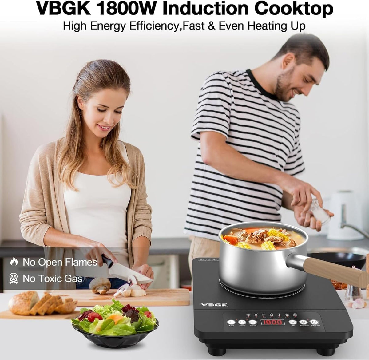 VBGK Double Electric Hob, 220V 3600W Ceramic Hob with Handle, Electric Hot Plate with 9 Power Levels, Child Safety Lock, Timer,Knob and Touch Control, 2 Burner Cooktop