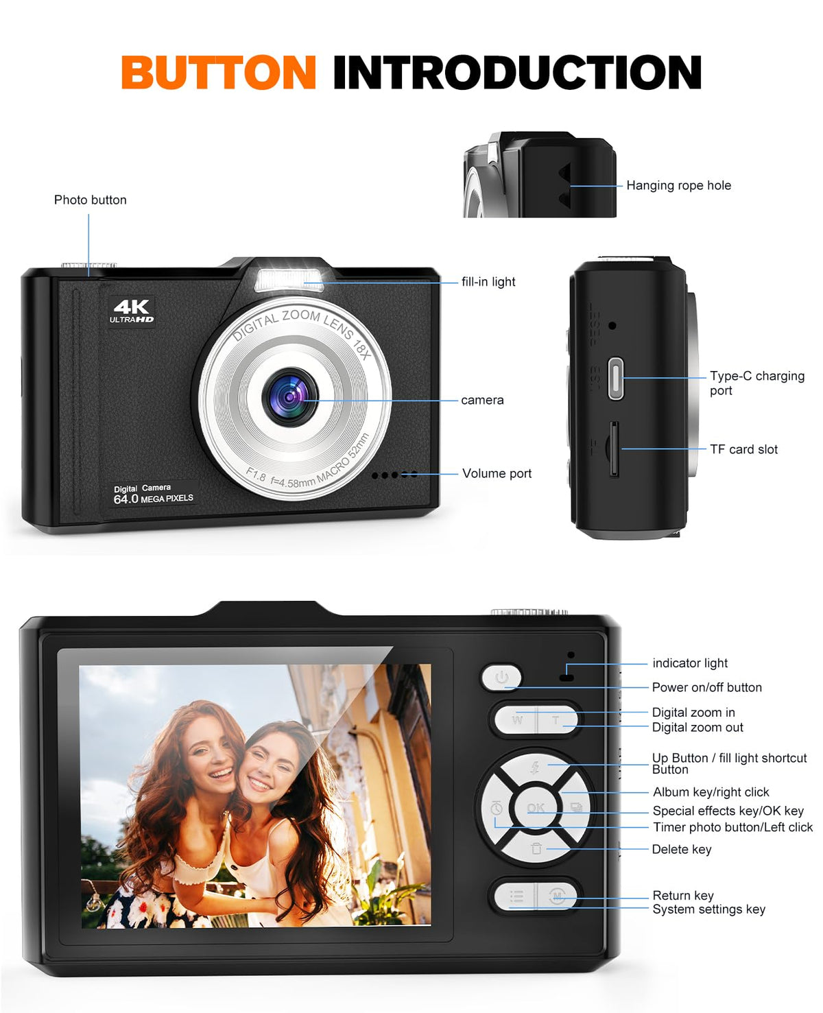 Digital Camera 4K 64MP Portable Vlogging Camera with 32GB SD Card