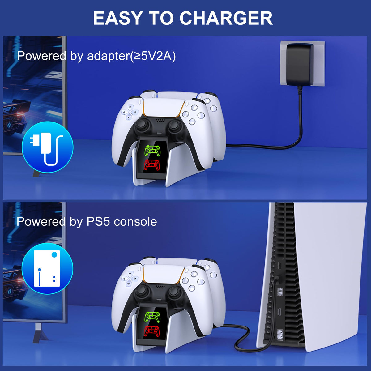 HELLCOOL PS5 Charging Charger for DualSense & Edge, Fast Charge 2 Controllers Simultaneously, Drop&Go No Alignment, LED Indicator with Touch Off, Smart Safety Protection, with 1m USB-C Cable