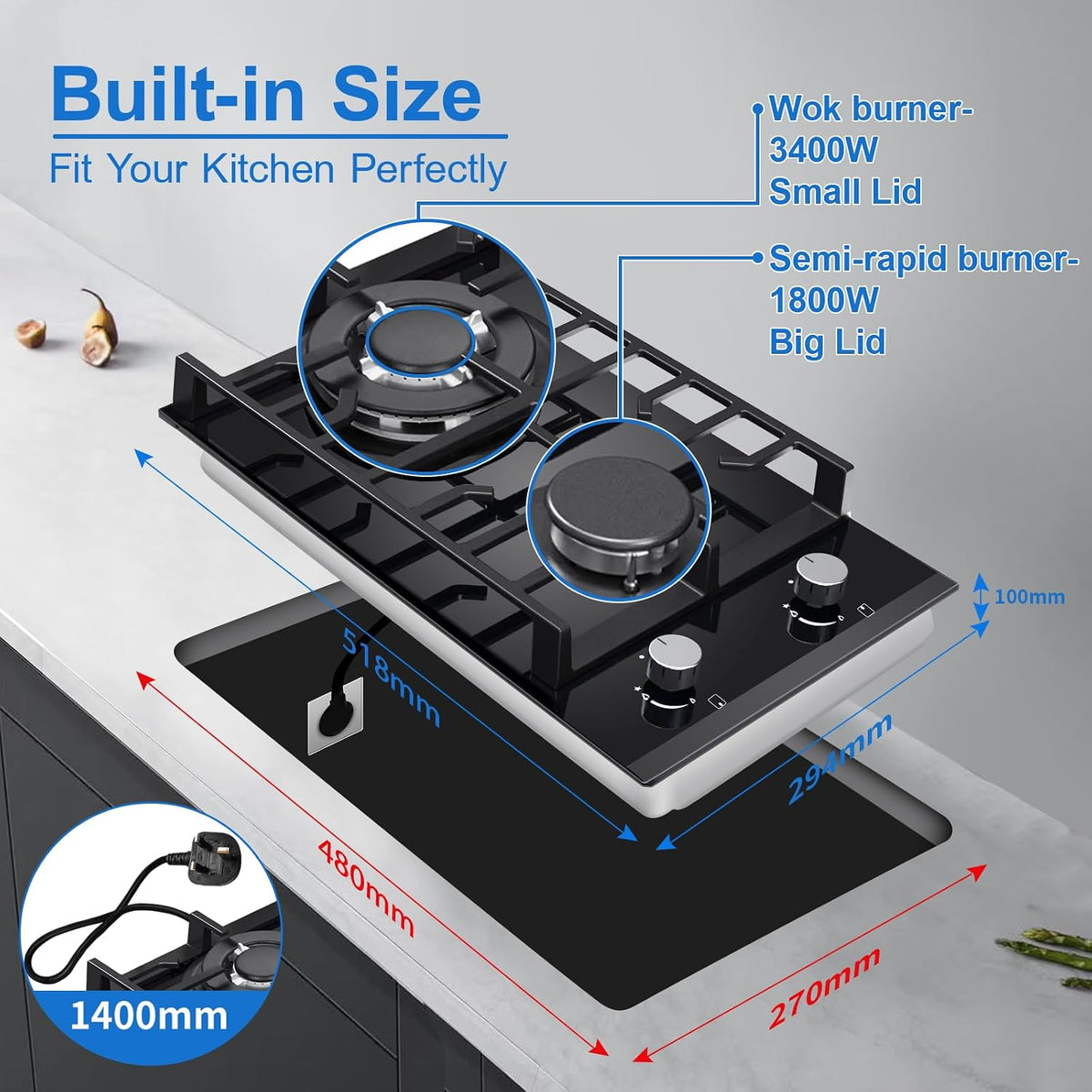 TopStrong Gas Hob 4 Burners, 60cm Black Glass Built-in Cooktop with 8060W Wok Burner & Thermocouple Protection, Natural Gas & LPG Compatible