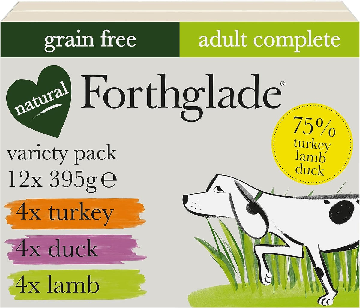 Forthglade Wet Dog Food Variety Pack (12 x 395g Trays) - Grain Free & Hypoallergenic Dog Food, Adult 1 Year+, Chicken, Chicken with Liver & Turkey, Vegetables, Stomach Sensitive, Natural Ingredients