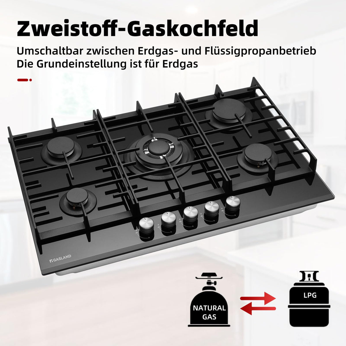 GASLAND GH60SF 60cm Built-in Gas Hob, 4 Burners Stainless Steel Gas Cooktop with Flame Failure Protection, NG/LPG Convertible, 8000W