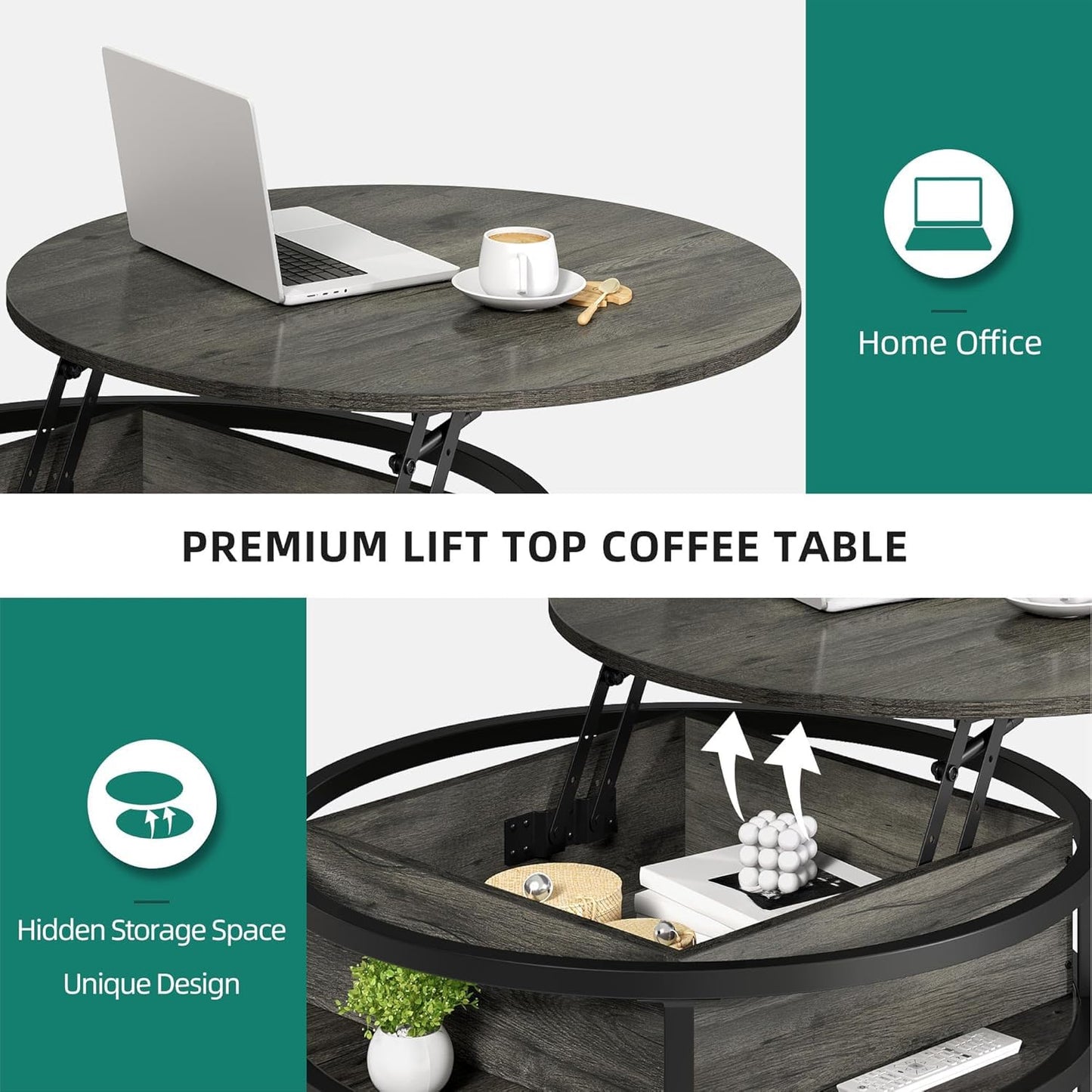 YITAHOME Coffee Table with Lift Top, lift up Coffee Table Round with Hidden Storage Compartment, 60x60x47cm