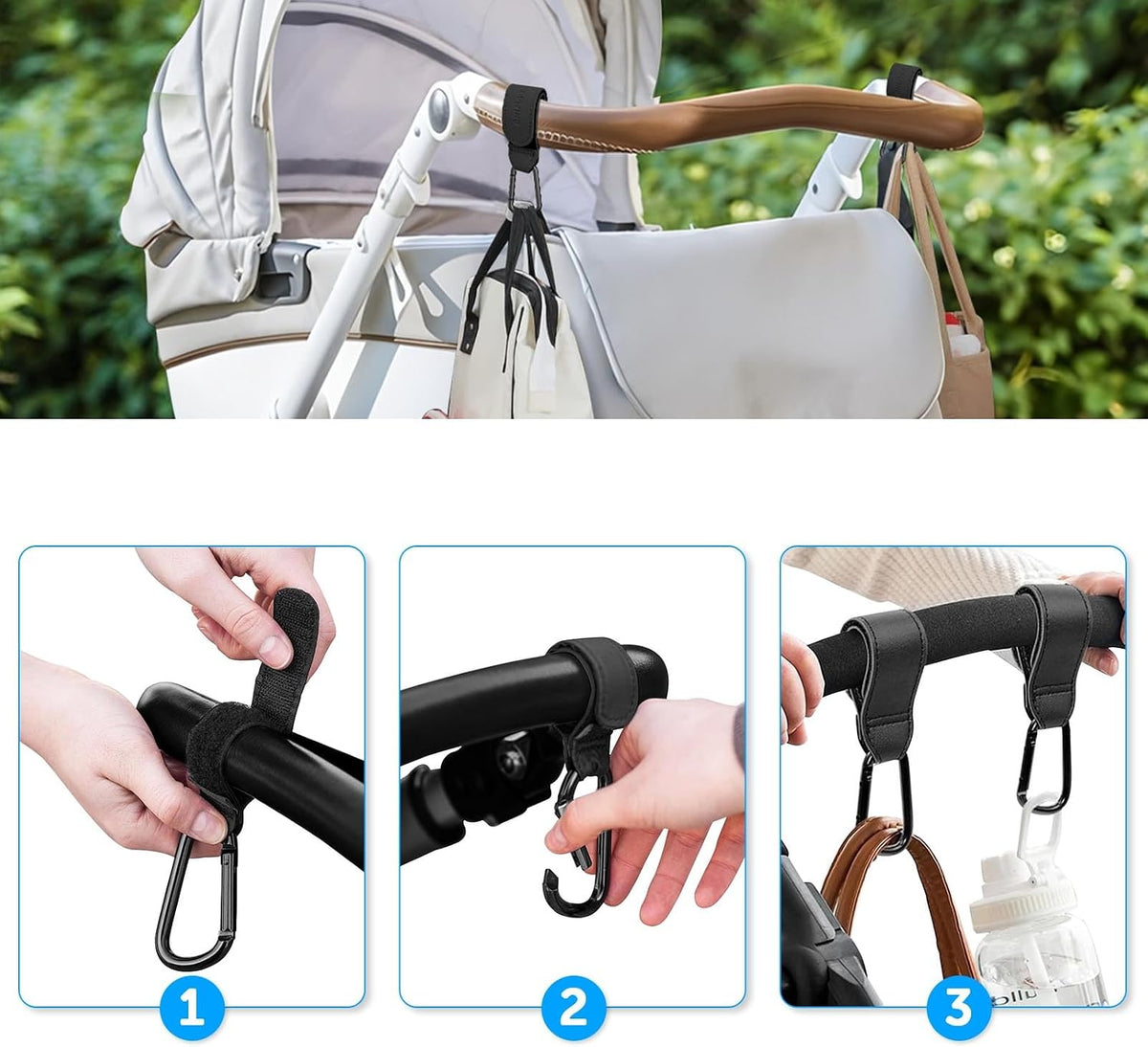 2pcs Buggy Clips for Changing Bag Handbag, Non-Slip PU Leather Pram Hook for Buggy Pram Rocker Stroller Pushchair Rollator Mobility Scooter Universal Accessories Baby Travel Essentials (Black）