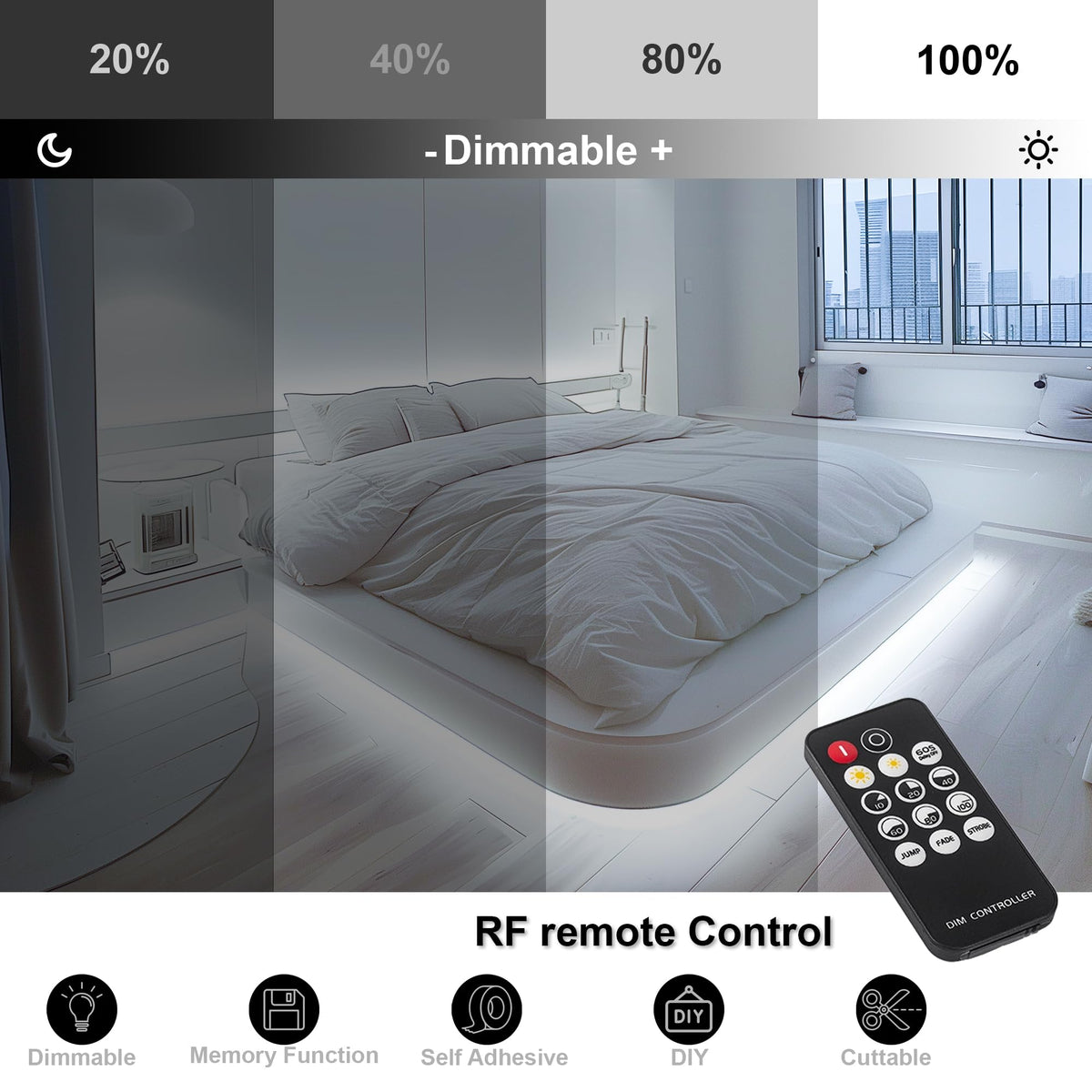 COB LED Strip 7.5m Warm White, 3000K, 24V, Remote Control, 8mm Wide