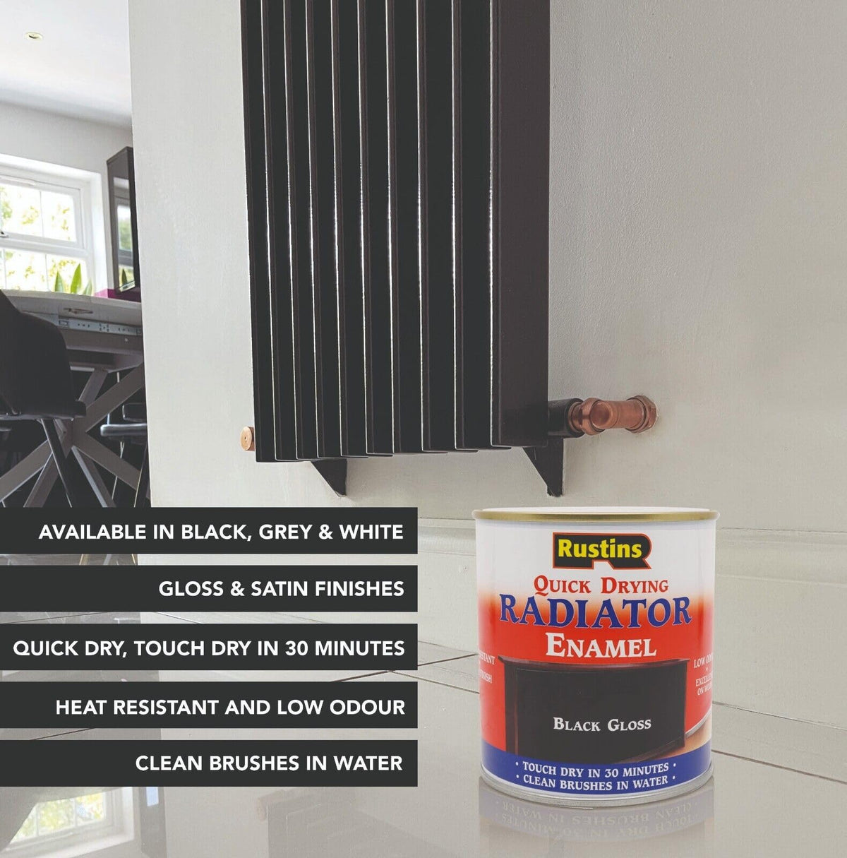RUSTINS Quick Drying Radiator Enamel Satin - Black 500ml – Durable, Long-Lasting Finish for Radiators That Stands the Test of Time